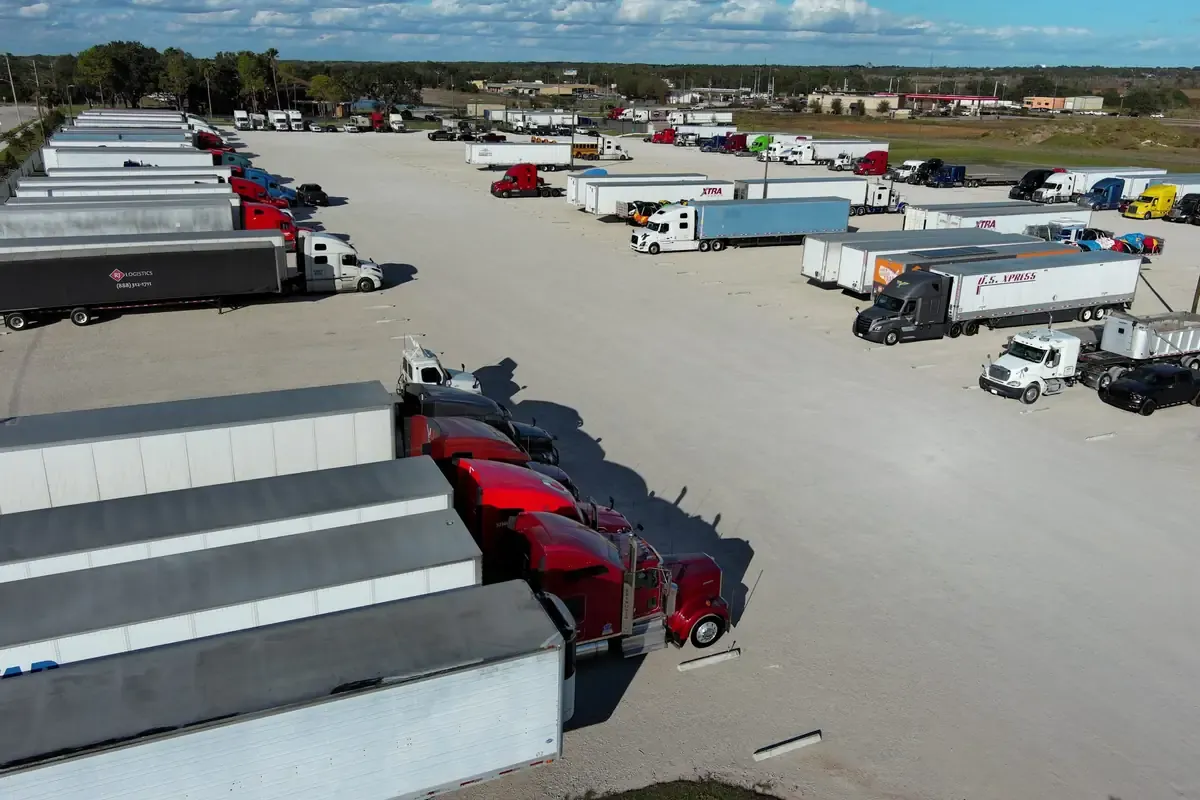 Aerial view of semi truck storage, parking storage